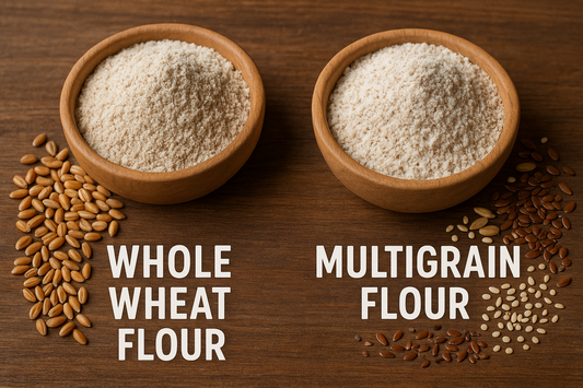 Whole wheat and multigrain flour comparison with grains on a wooden table