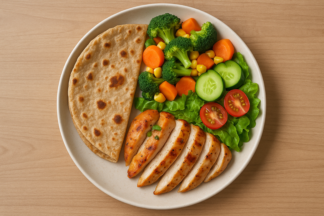 Healthy meal with chapati, vegetables, and protein for diabetics