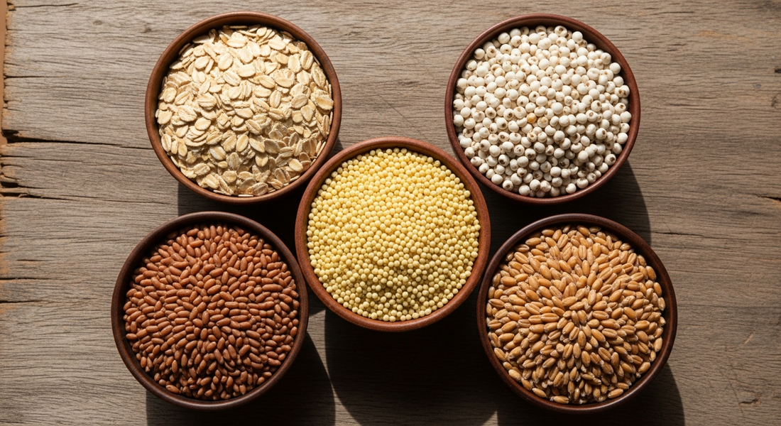 Traditional Indian grains including bajra, ragi, jowar, and whole wheat arranged in small bowls showing fiber rich…