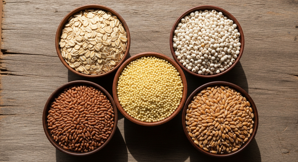 Traditional Indian grains including bajra, ragi, jowar, and whole wheat arranged in small bowls showing fiber rich…