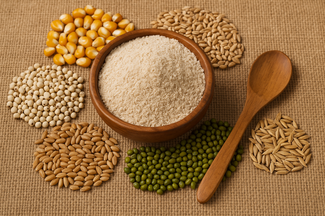 A bowl of multigrain atta with assorted grains and a wooden spoon