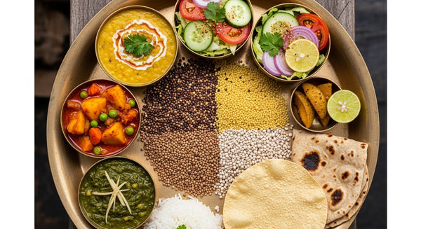 Healthy Indian thali with whole grain roti, dal, vegetables, and curd for insulin resistance management