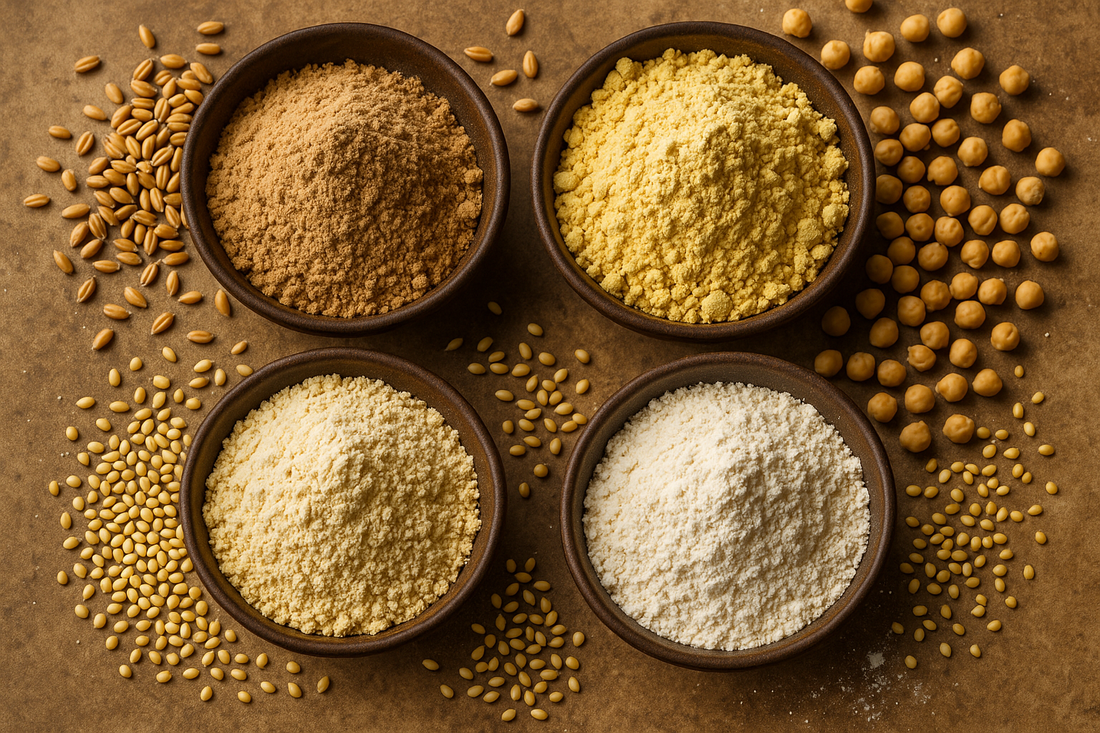 Different types of flour for diabetes management including whole wheat, chickpea, and millet flour.
