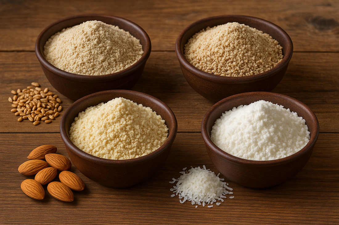 Different types of flour suitable for diabetics including whole wheat, multigrain, almond, and coconut flour.