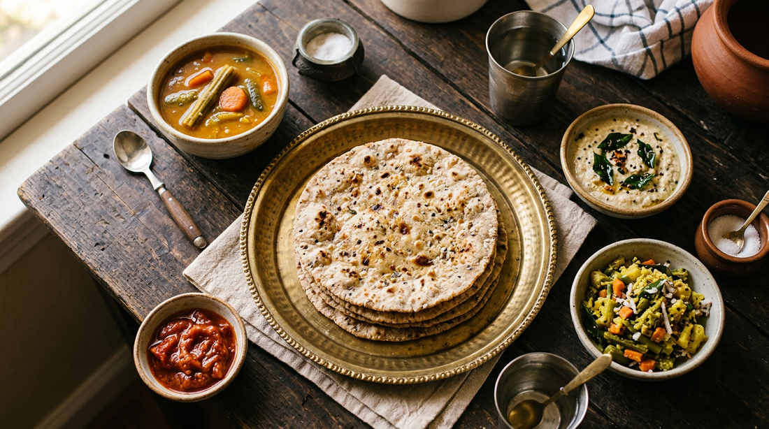 Stack of multigrain rotis on a brass plate with South Indian side dishes, ready to serve in a Chennai home