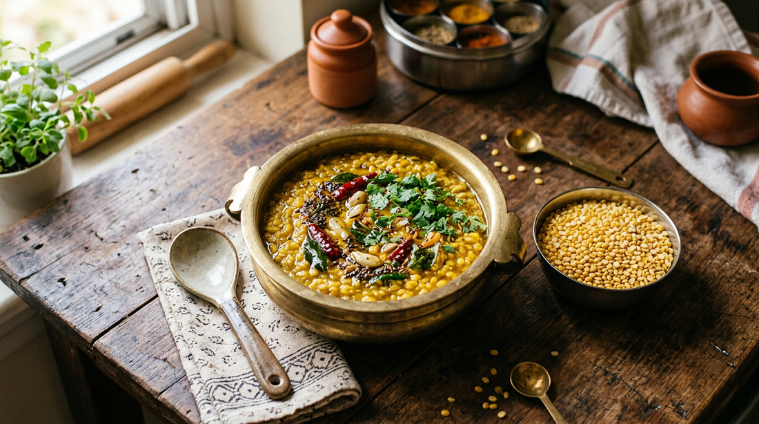 Cooked moong dal with tadka in a brass bowl next to raw moong dal in a steel katori