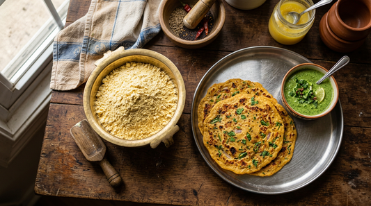 Besan flour in a brass bowl next to besan chillas and green chutney on an Indian kitchen counter
