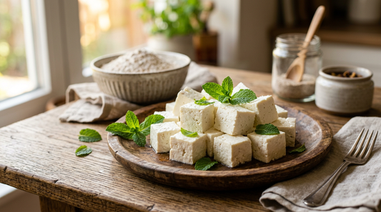 Fresh paneer cubes on a wooden plate showing the texture and colour of this high-protein Indian dairy food