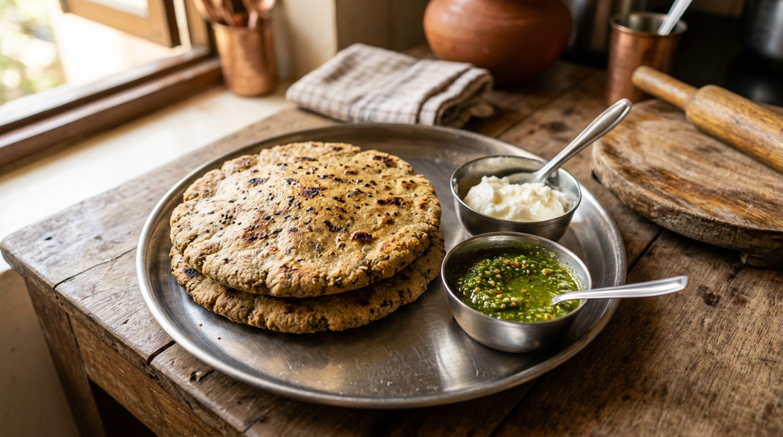 Two freshly made bajra rotis on a steel plate with butter and chutney in an Indian kitchen