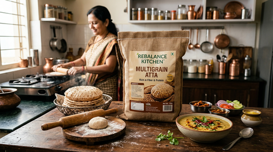 10kg atta pack on an Indian kitchen counter with rotis and dal, representing joint family consumption