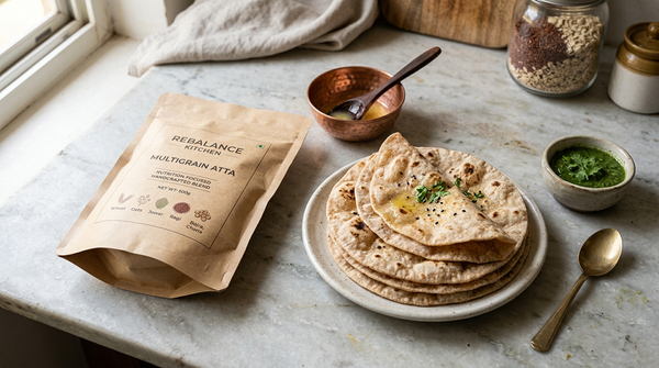 Multigrain atta trial pack on a kitchen counter with fresh soft rotis for testing before buying full size
