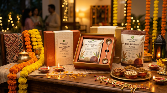Multigrain atta packs arranged as corporate Diwali gifts with festive decorations and warm lighting