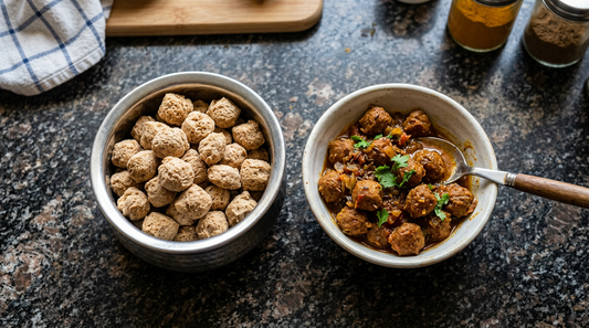 Dry and cooked soya chunks in steel bowls on an Indian kitchen counter showing the size difference