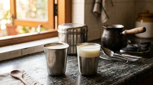 Two glasses of milk on an Indian kitchen counter comparing toned and skimmed milk