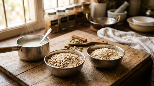 Two steel katoris comparing rolled oat flakes and instant oat flakes in an Indian kitchen setting