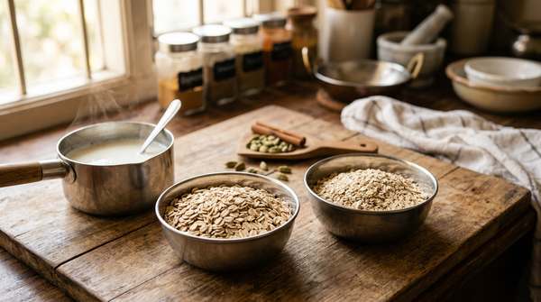 Two steel katoris comparing rolled oat flakes and instant oat flakes in an Indian kitchen setting