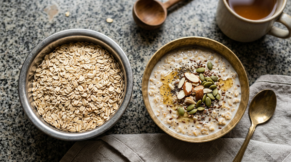 Steel katori of raw oats beside a bowl of cooked oats porridge topped with nuts on an Indian kitchen counter