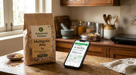 Bag of multigrain atta next to a phone showing same day delivery confirmation in an Indian kitchen