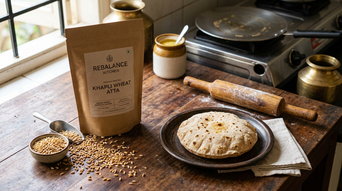 Khapli wheat atta packet with emmer wheat grains and fresh roti on a wooden surface