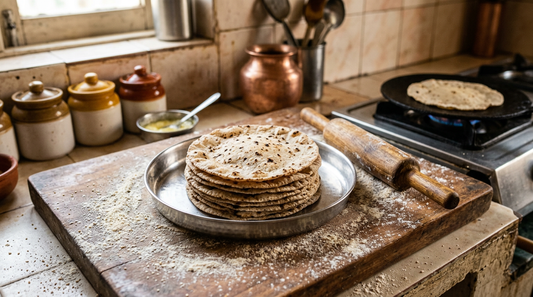 Stack of freshly made jowar rotis on a steel plate with jowar flour on a wooden surface in an Indian kitchen