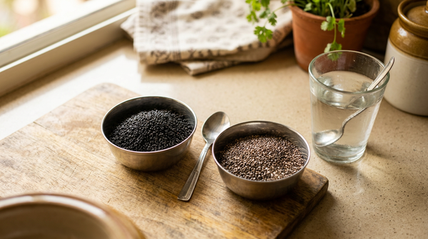 Steel katoris of sabja seeds and chia seeds placed side by side on an Indian kitchen counter
