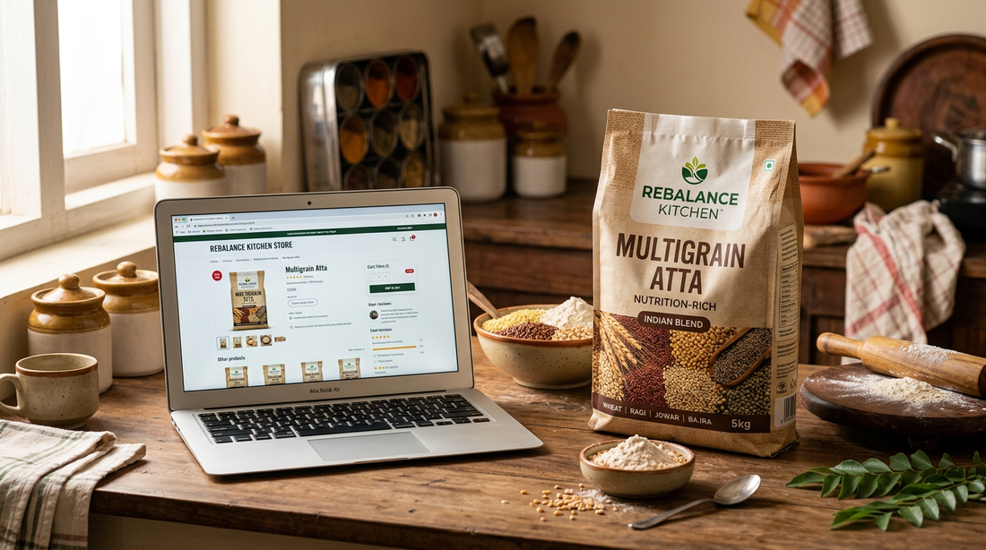 Multigrain atta pack on kitchen counter with online shopping on laptop screen for free shipping in India
