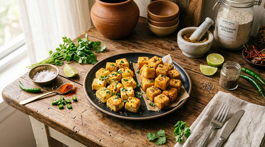 Paneer cubes and tofu cubes side by side on an Indian kitchen counter with fresh herbs