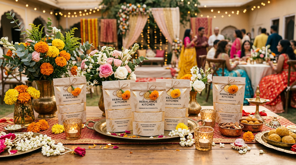 Beautifully packaged healthy atta packs arranged as wedding favors on a decorated table with flowers