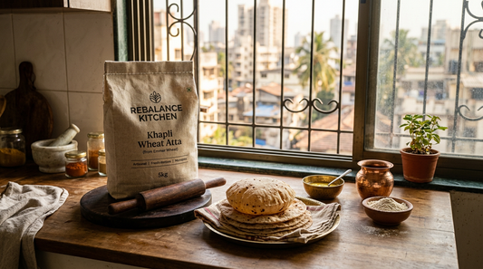 Khapli wheat atta bag with fresh rotis on a Mumbai kitchen counter