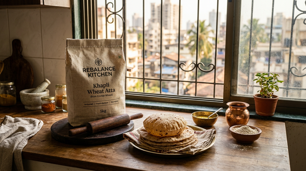 Khapli wheat atta bag with fresh rotis on a Mumbai kitchen counter