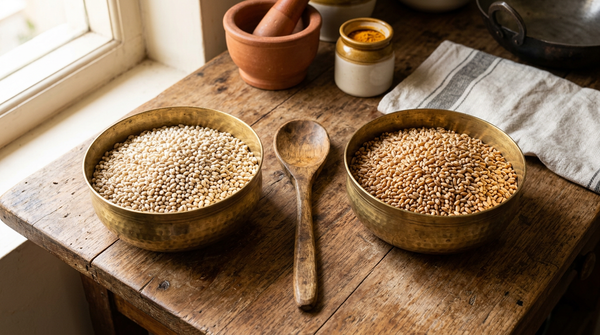 Pearl barley and whole wheat grains in brass bowls on an Indian kitchen counter