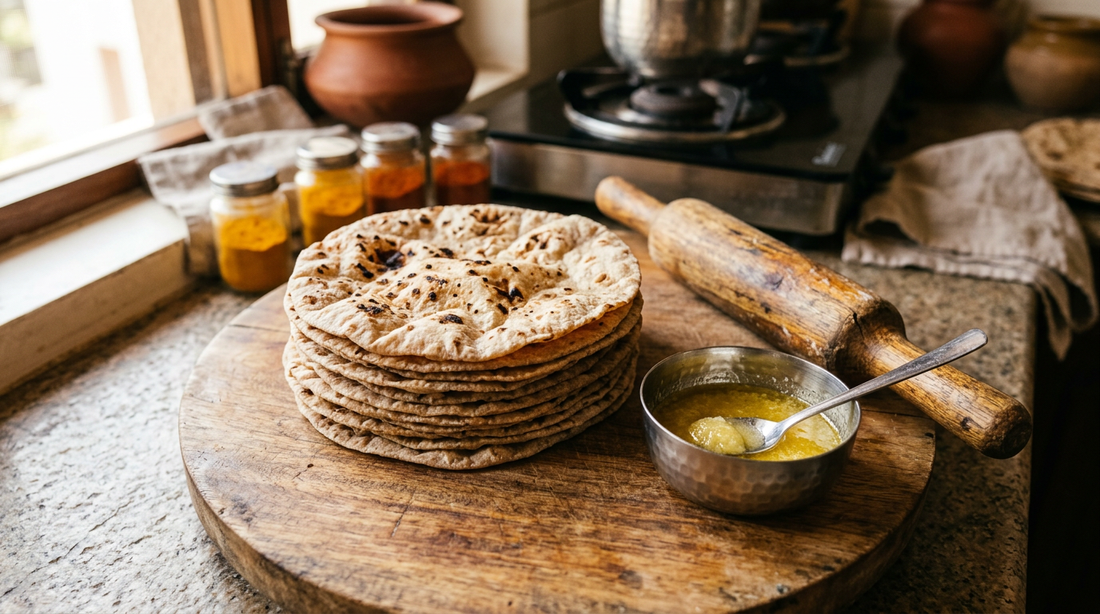 Stack of fresh whole wheat chapatis on a wooden board in an Indian home kitchen