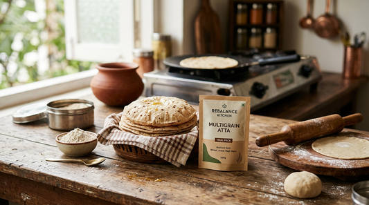 Atta trial sample pack on a kitchen counter with fresh rotis and rolling pin