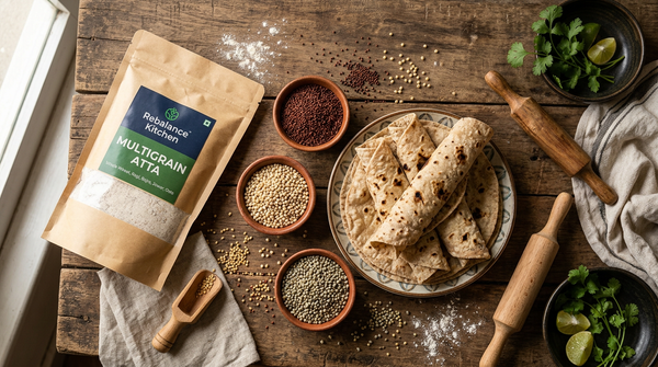 Multigrain atta pack with freshly made rotis and assorted millets on a wooden surface