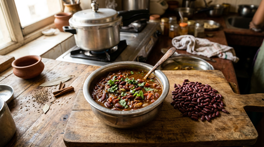 Katori of rajma curry next to dry kidney beans on a wooden board in an Indian kitchen