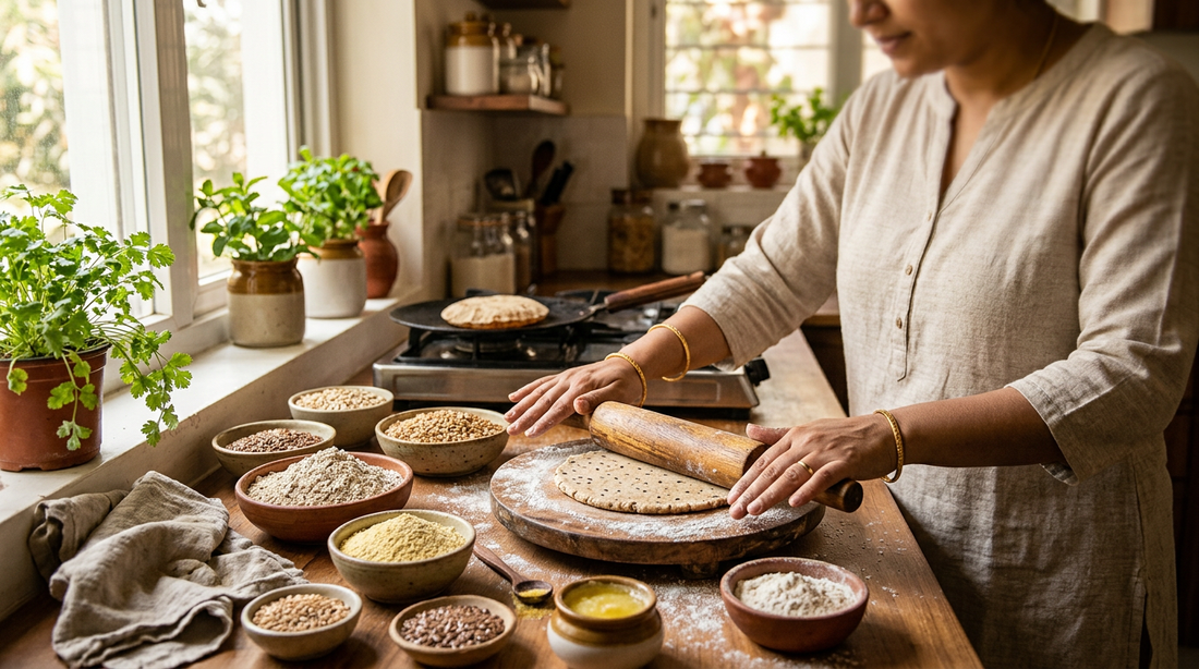 New parent rolling multigrain atta dough with bowls of ragi jowar and bajra flour in warm kitchen light