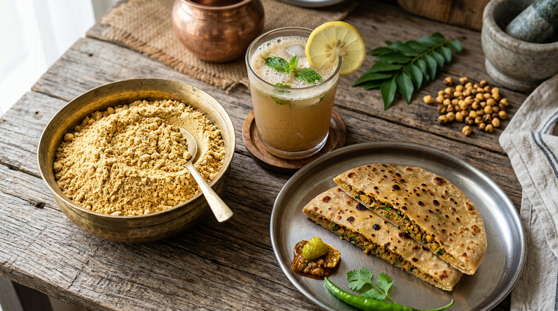 Sattu powder in a katori alongside sattu sharbat and stuffed paratha on an Indian kitchen counter