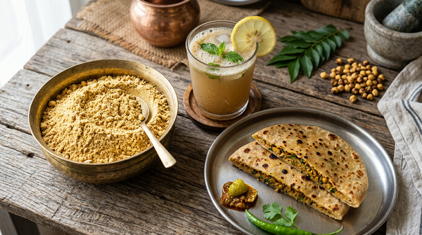 Sattu powder in a katori alongside sattu sharbat and stuffed paratha on an Indian kitchen counter